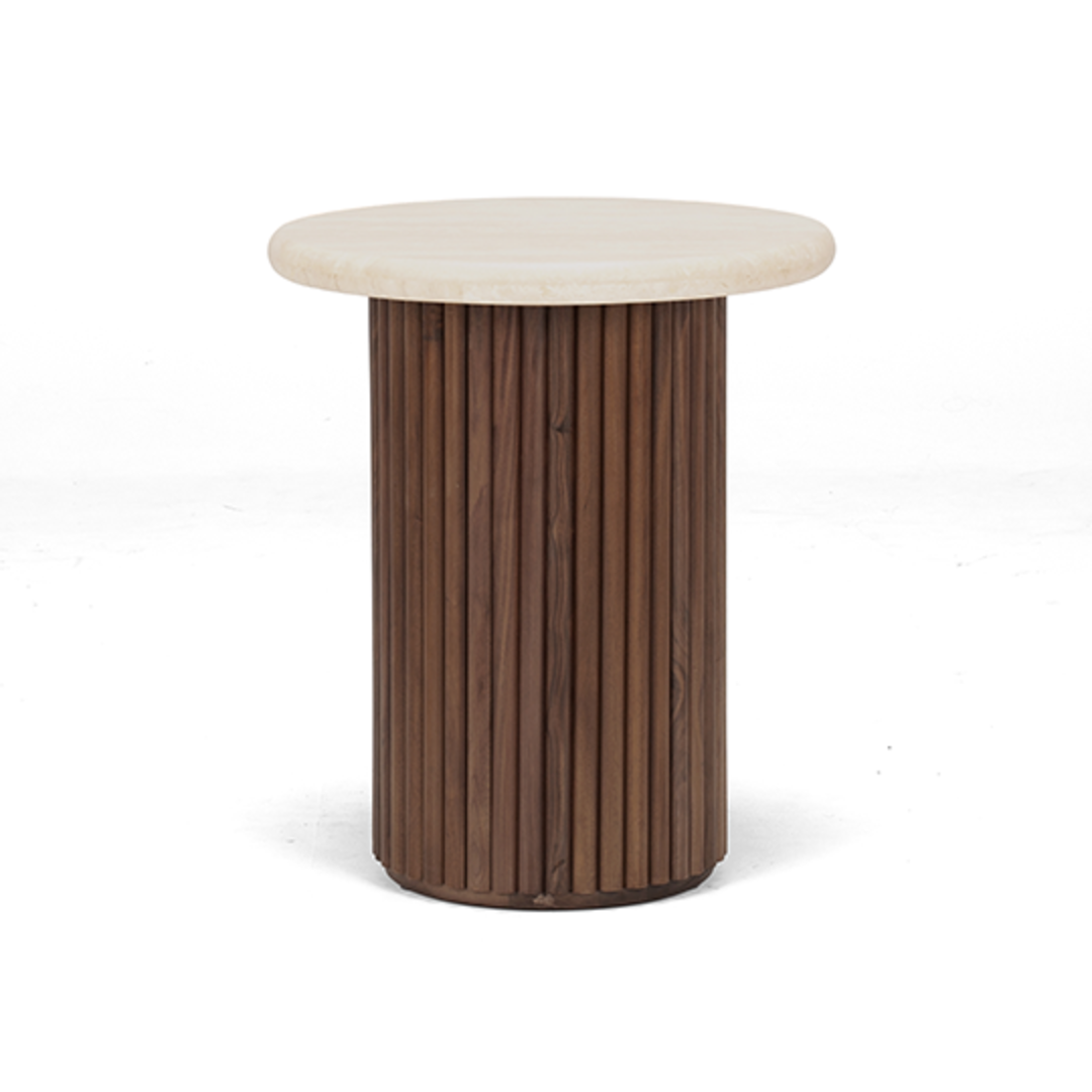 Rho Travertine Top Walnut Base Round Side Table 50cm image 0